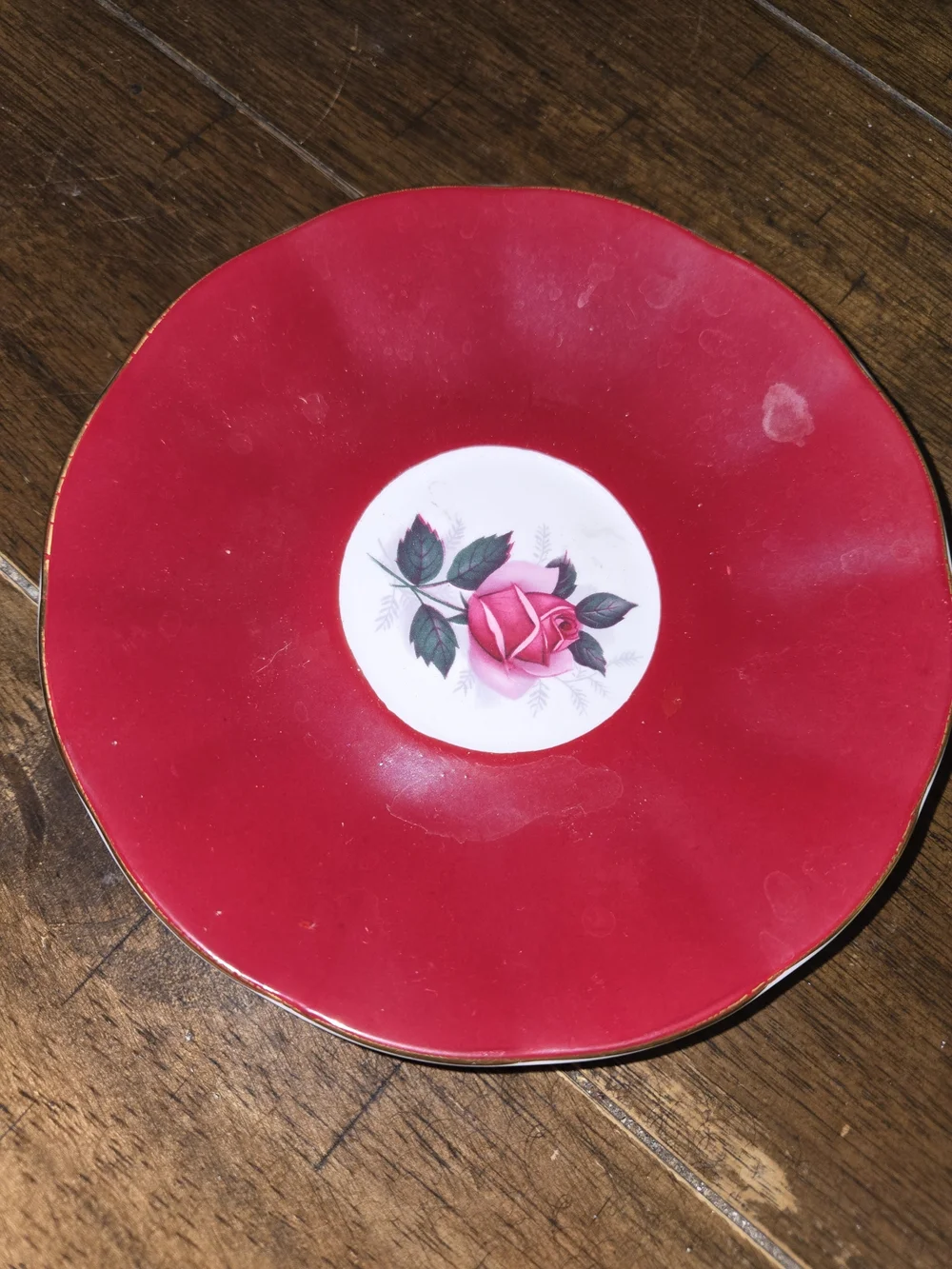 Fine Porcelain Tea Cup & Saucer in Red with Pink Rose